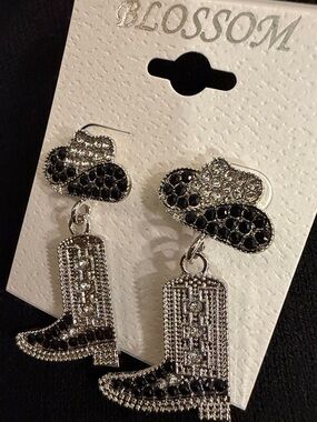 Blossom Silver and Black Cowboy Boot Dangle Earrings